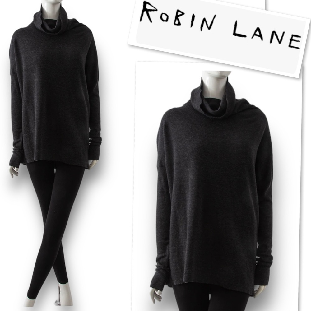 ROBIN LANE Custom Made Merino Wool Easy High Funnel Neck Sweater In Charcoal S